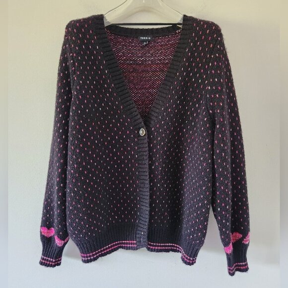 TORRID | Cardigan V-Neck Button Front Sweater Hearts Black Pink Sz 2X - Picture 1 of 7